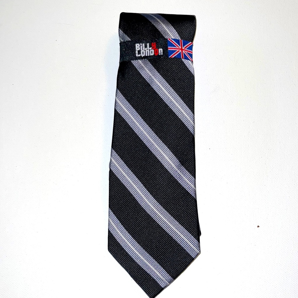 BILLY LONDON handmade silk black/gray diagonal striped tie